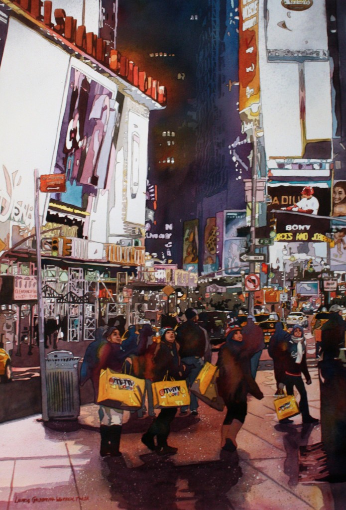 Times Square, New York City, Lights, Night, watercolor. painting, Laurie Goldtien-Warren